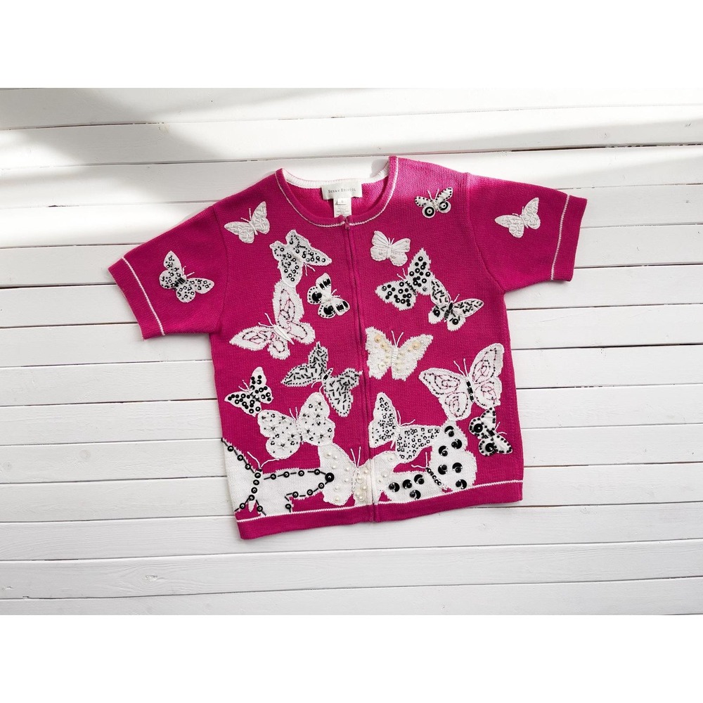 vtg Susan Bristol hot pink‎ butterfly short sleeve cardigan sweater size S